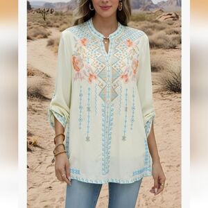 SZ Embroidered Boho Tunic / Mini Dress – 100% Cotton –Cream/blue Size S. NWT